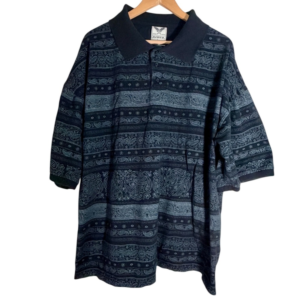 Vintage Y2K Avirex Men's Short Sleeve Paisley Knit Polo Shirt Black 3XB